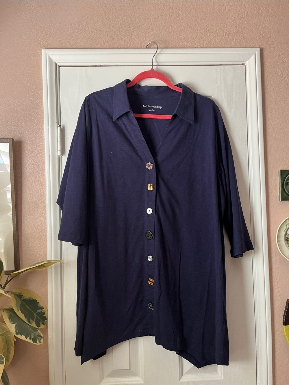 Soft Surroundings Navy Button-Front Collared Women's Top